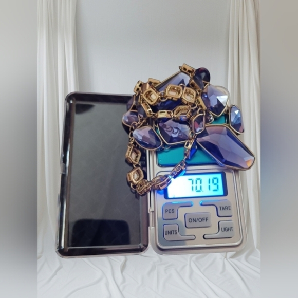 Vintage Lavender Chunky Big Long Glass Stone Gold Tone  Statement Necklace - Picture 8 of 9